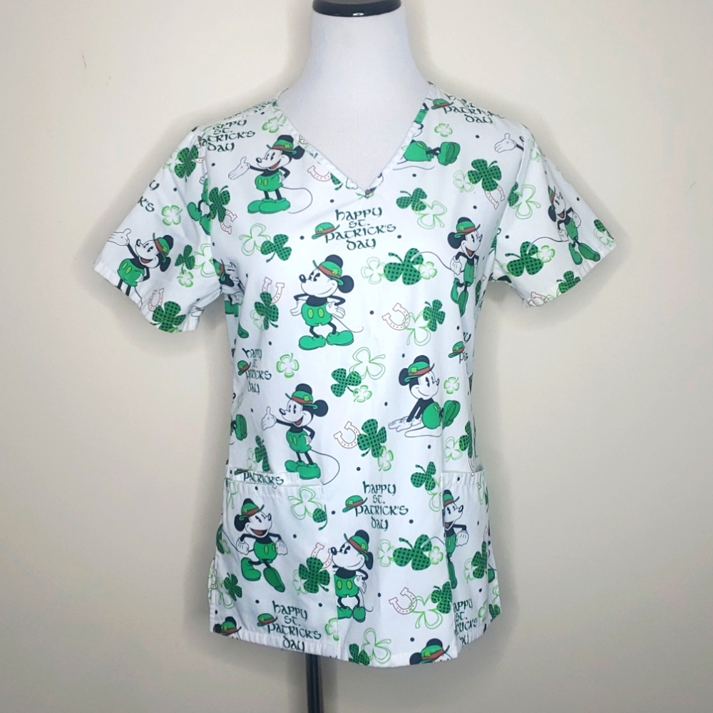 Disney Mickey Mouse St. Patrick's Day Scrub Top XS